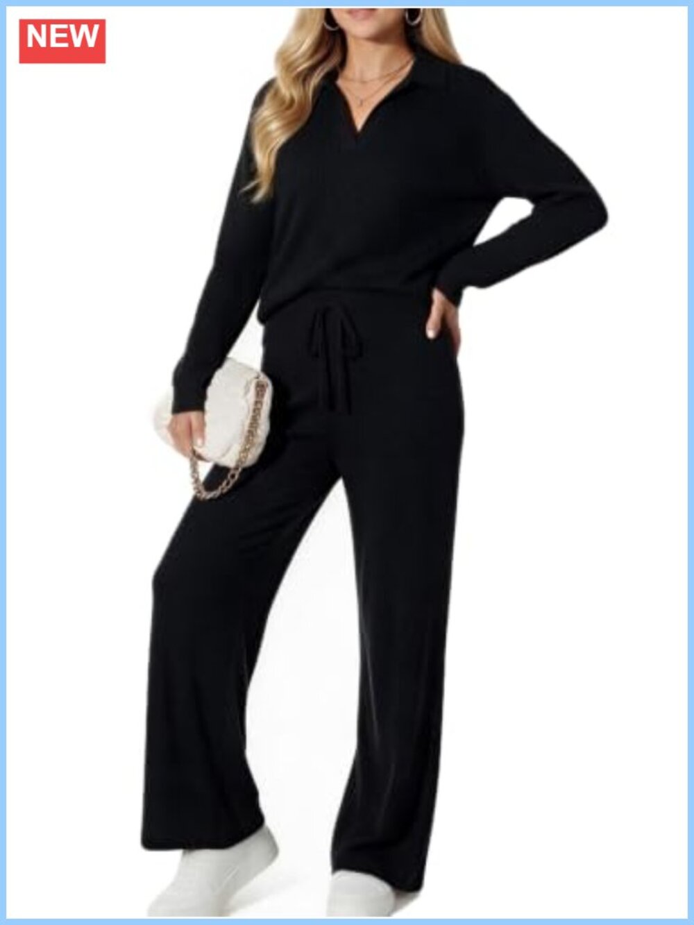 Womens 2 Piece Knit Tracksuit Set Long Sleeve Hoodie Sweatshirt Wide Leg Pants